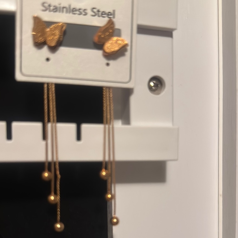 Gold Butterfly Earrings With Chains - image 1